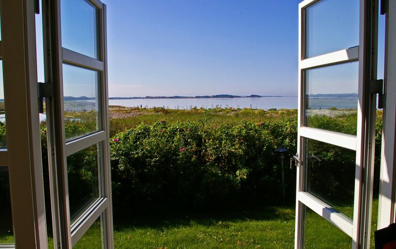 Blick aus dem offenen Fenster auf Wiese, Rosen und die Schlei – Ferienhaus Hinterm Deich